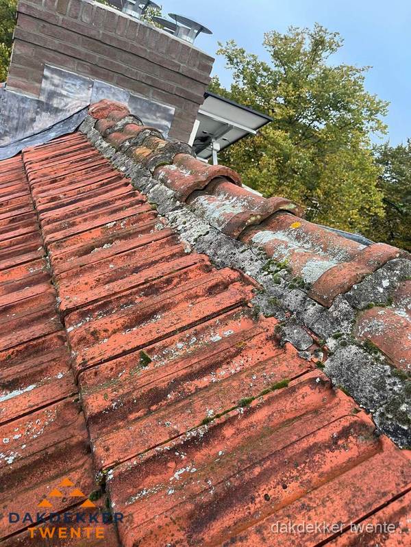 Verweerd hellend dak met mosgroei op nokvorst in Twente Verweerd hellend dak met mosgroei op nokvorst in Twente